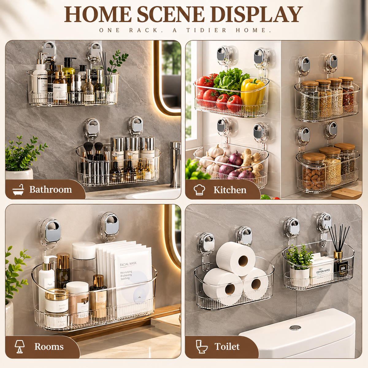 Wall Mounted Bathroom Shelf with Strong Suction Cup