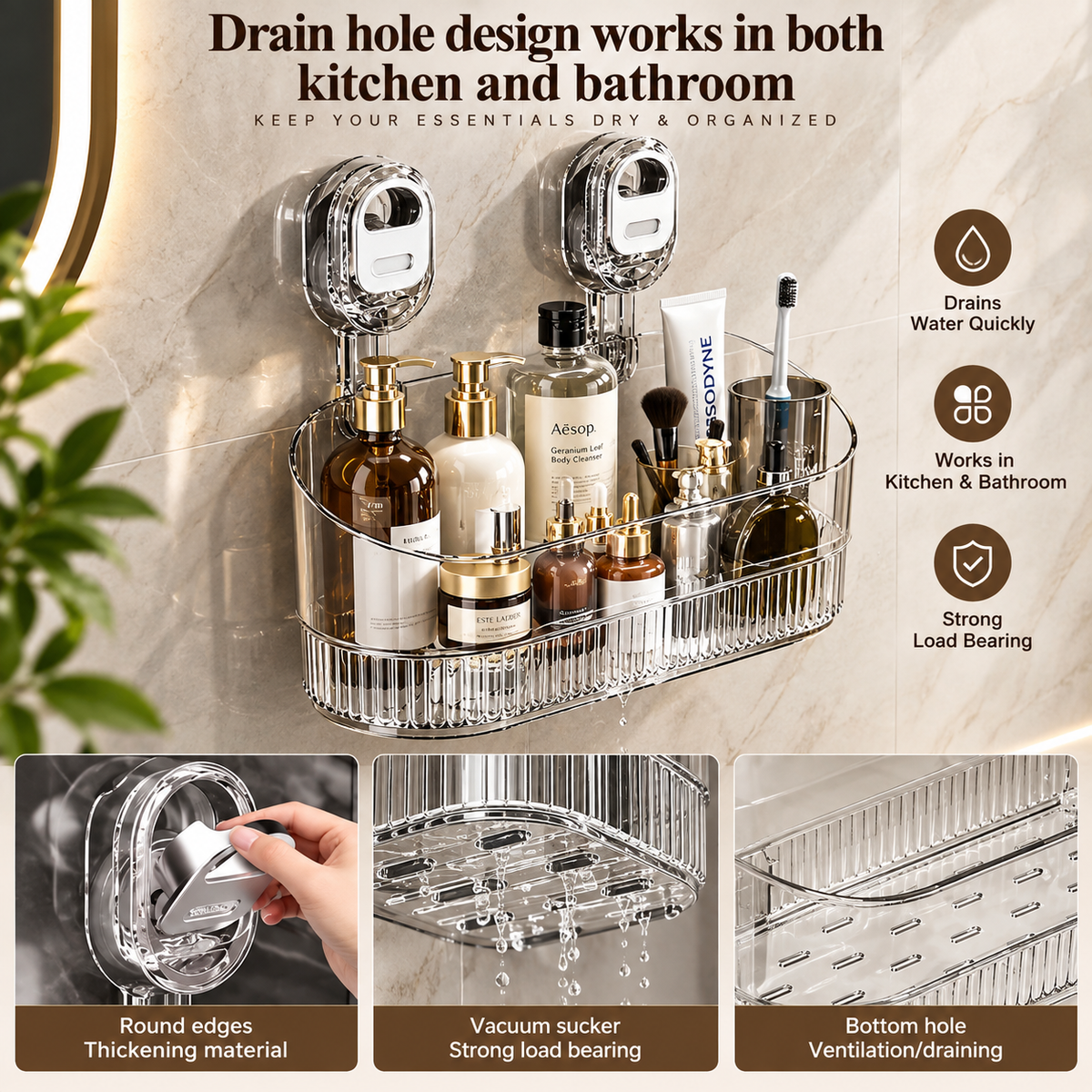 Wall Mounted Bathroom Shelf with Strong Suction Cup