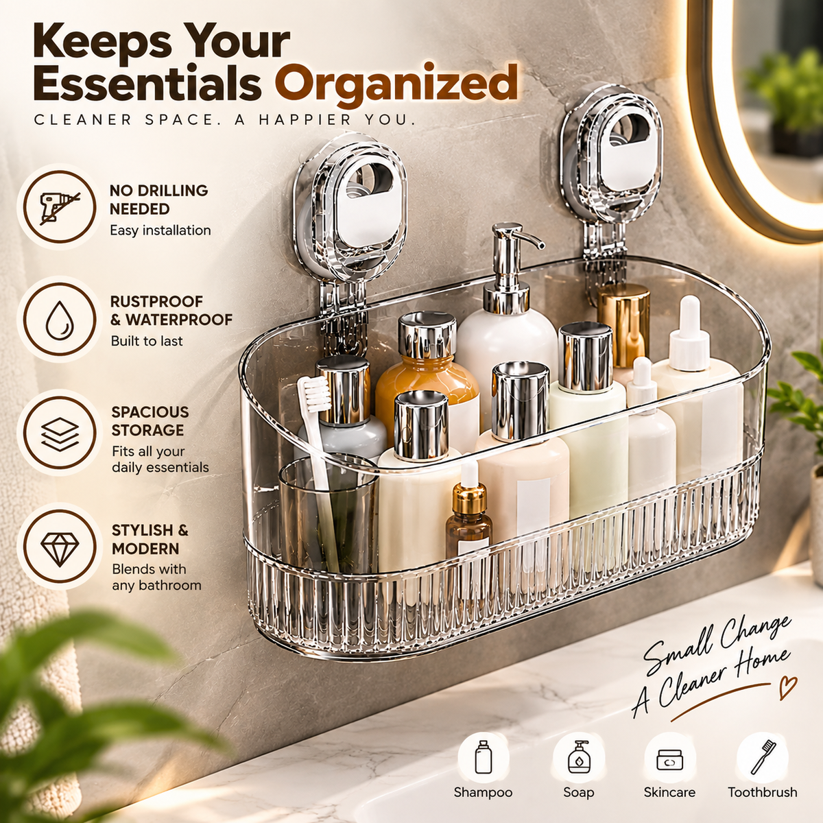 Wall Mounted Bathroom Shelf with Strong Suction Cup